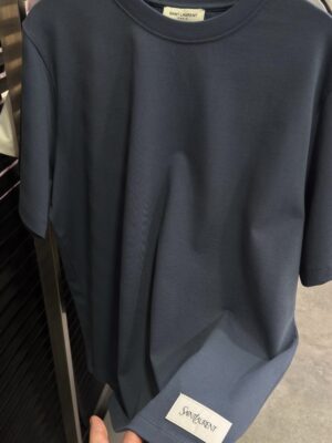 Navy YSL saint Laurent bottom corner logo cotton t-shirt