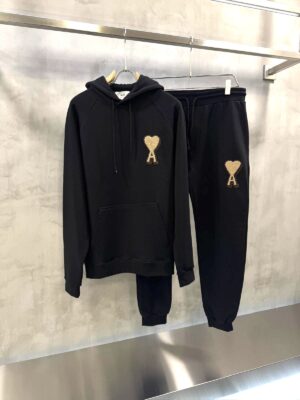 Black AMI Paris Ami de Coeur patch embroidered cotton Tracksuit