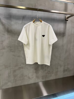 White Prada classic logo Saffiano leather cotton T-shirt