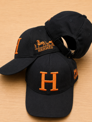 Black Hermes embroidered orange “H” logo baseball cap